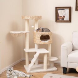 CostwayCat Tree with Hanging Basket and Ladder for Indoor Cats-Natural