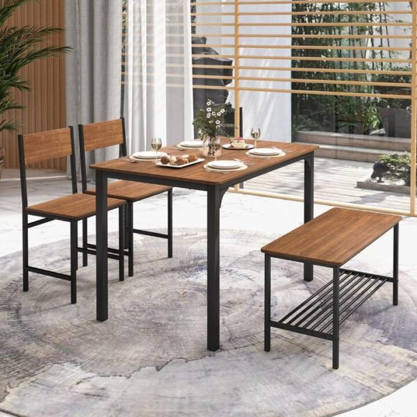 CostwayIndustrial Gathering Table Set with 2 Chairs & 1 Bench for Dining Room Brown