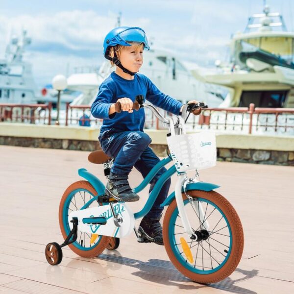 CostwayKids Bike Adjustable with Handbrake and Basket for 4-7 Years Old-Turquoise-16 inches