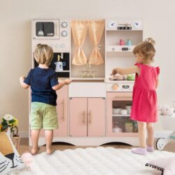 CostwayKids Kitchen Playset with Microwave Coffee Maker Ice Maker Sink Clocks-Pink
