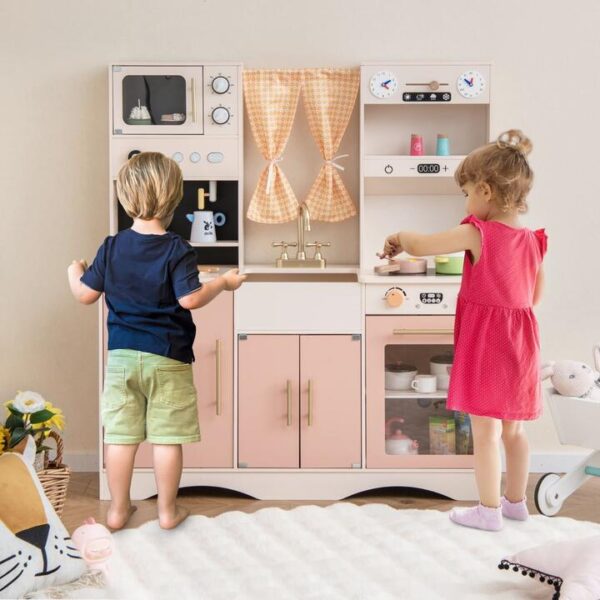 CostwayKids Kitchen Playset with Microwave Coffee Maker Ice Maker Sink Clocks-Pink