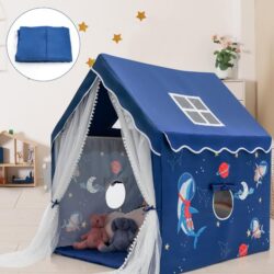 CostwayLarge Kids Play Tent with Removable Padded Mat & Gauze Door Curtain-Blue