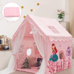 CostwayLarge Kids Play Tent with Removable Padded Mat & Gauze Door Curtain-Pink