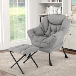 CostwayLazy Chair with Ottoman Modern Accent Chair with Folding Footrest-Grey