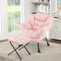 CostwayLazy Chair with Ottoman Modern Accent Chair with Folding Footrest-Pink