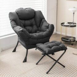 CostwayModern Lazy Chair with Ottoman & Pillow & Armrests & Side Pocket-Grey