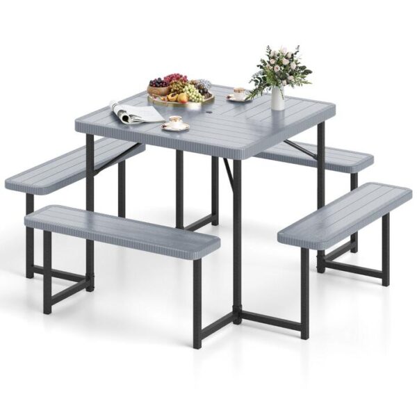 CostwayPicnic Table Bench Set Outdoor Square Camping Dining Table-Grey