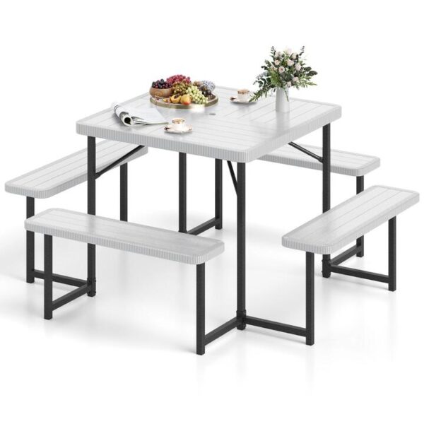 CostwayPicnic Table Bench Set Outdoor Square Camping Dining Table-White