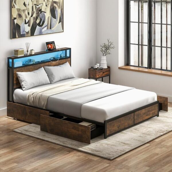 CostwayQueen Bed Frame with Smart LED Lights & Storage Headboard