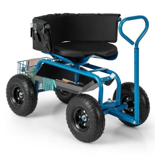 CostwayRolling Garden Cart Scooter with Tray Storage Basket Tool Pouch Seat Cushion-Blue