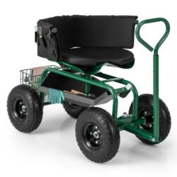 CostwayRolling Garden Cart Scooter with Tray Storage Basket Tool Pouch Seat Cushion-Green