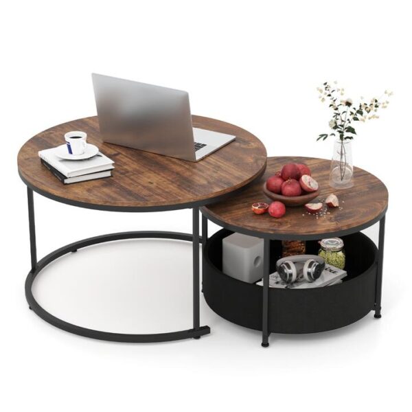 CostwayRound Coffee Table Set of 2 with Fabric Storage Basket and Metal Frame-Brown
