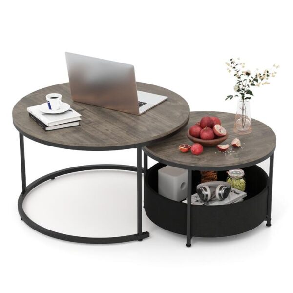 CostwayRound Coffee Table Set of 2 with Fabric Storage Basket and Metal Frame-Grey