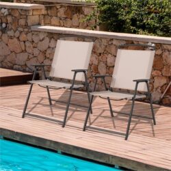 CostwaySet of 2 Patio Folding Chairs with Armrests and Rustproof Steel Frame-Beige