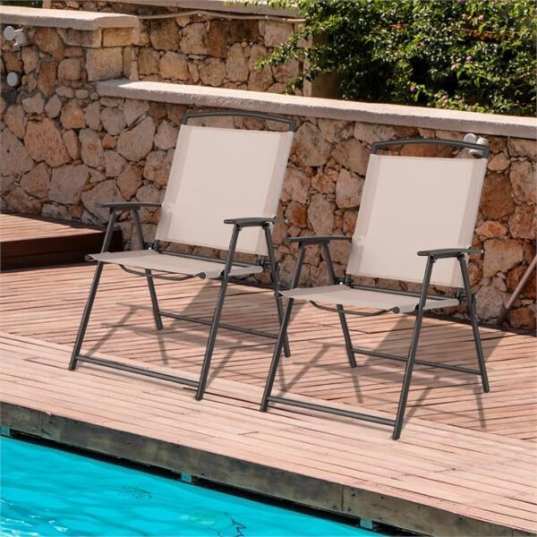 CostwaySet of 2 Patio Folding Chairs with Armrests and Rustproof Steel Frame-Beige