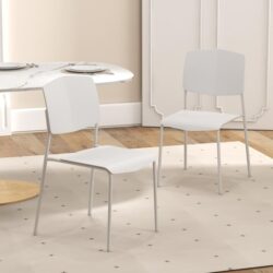 CostwaySet of 2 Plastic Dining Chair Stackable Armless Chairs with Metal Legs and Back-White-2 pieces