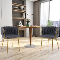 CostwayUpholstered Dining Chair Set of 2 with Curved Backrest and Electroplated Metal Tubes-Grey