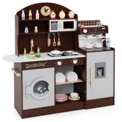 CostwayWooden Kitchen Playset with Clock and Microwave-Coffee