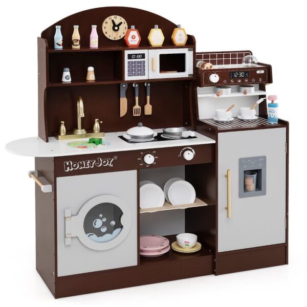CostwayWooden Kitchen Playset with Clock and Microwave-Coffee