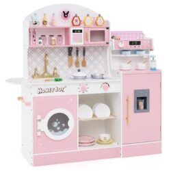 CostwayWooden Kitchen Playset with Clock and Microwave-Pink