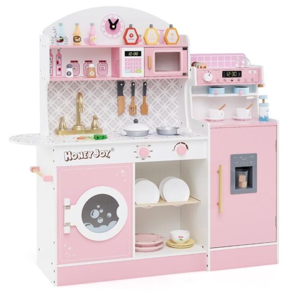 CostwayWooden Kitchen Playset with Clock and Microwave-Pink
