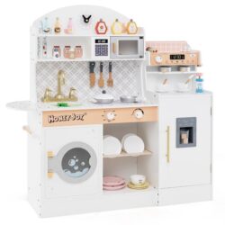 CostwayWooden Kitchen Playset with Clock and Microwave-White