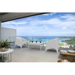 Siesta Aruba 3 Piece Commercial Grade Resin Rattan Outdoor Armchair & Coffee Table Set, White