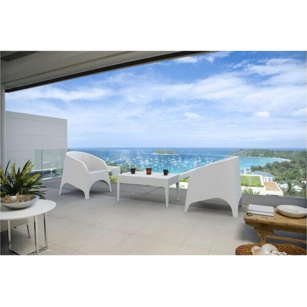 Siesta Aruba 3 Piece Commercial Grade Resin Rattan Outdoor Armchair & Coffee Table Set, White