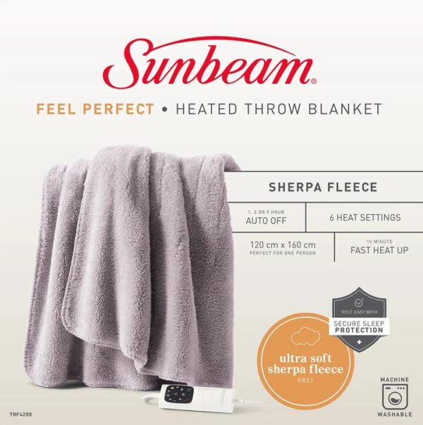 Sunbeam Feel Perfect Cosy Sherpa Fleece Heated Throw Blanket - Grey