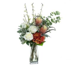 80Cm Hydrangea & Banksia Artificial Plant Arrangement In Glass Orange