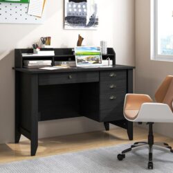 Costway120 CM Computer Desk with 4 Storage Drawers & Hutch for Home Office-Black