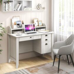 Costway120cm Computer Desk with 4 Storage Drawers & Hutch for Home Office-White