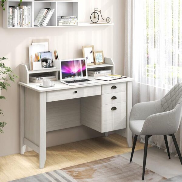 Costway120cm Computer Desk with 4 Storage Drawers & Hutch for Home Office-White