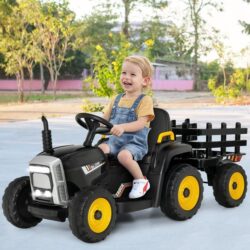 Costway12V Kids Ride On Tractor with Trailer and Remote Control-Black