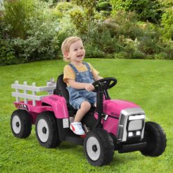 Costway12V Kids Ride On Tractor with Trailer and Remote Control-Pink