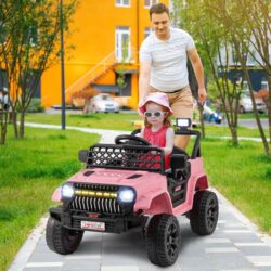 Costway12V Kids Ride on Truck Car with Parental Remote LED Lights -Pink
