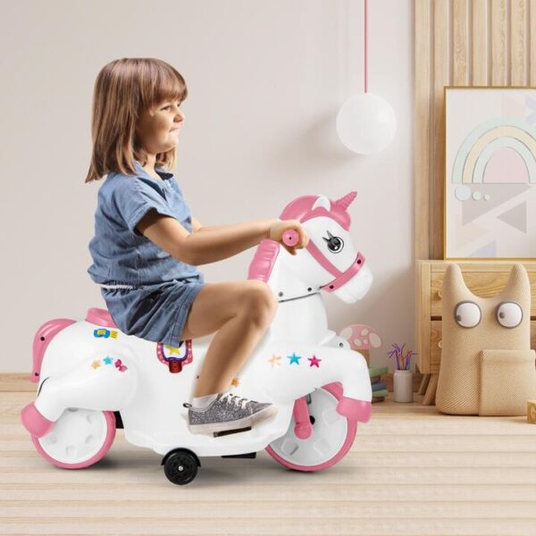 Costway12V Kids Unicorn Ride on Toy Pony with Training Wheels and Music-Pink