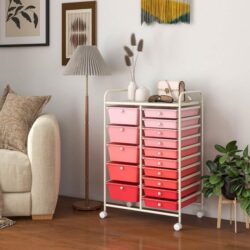 Costway15 Drawer Rolling Storage Cart with Wheels for Home Office-Mix Pink