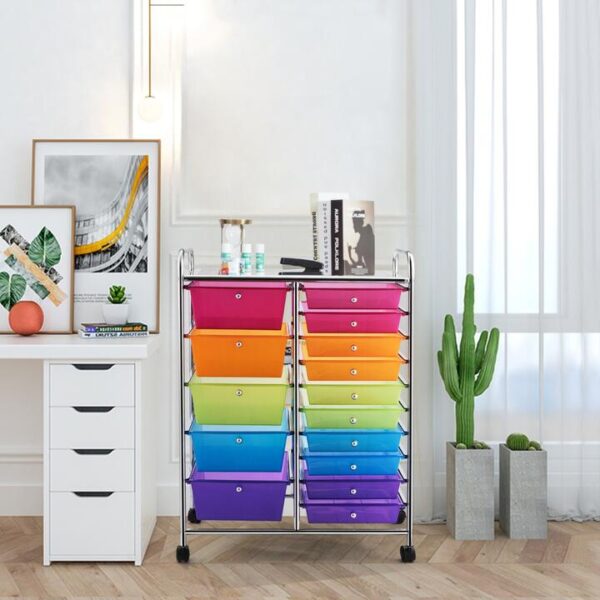 Costway15 Drawer Rolling Storage Cart with Wheels for Home Office Multi-color