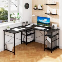Costway151CM Convertible L-shaped Computer Desk with 4 Storage Shelves for Home Office-Black