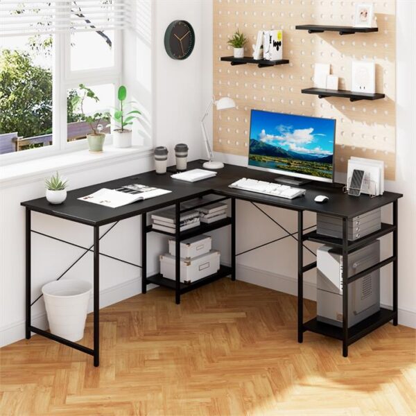Costway151CM Convertible L-shaped Computer Desk with 4 Storage Shelves for Home Office-Black