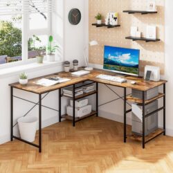 Costway151CM Convertible L-shaped Computer Desk with 4 Storage Shelves for Home Office-Brown