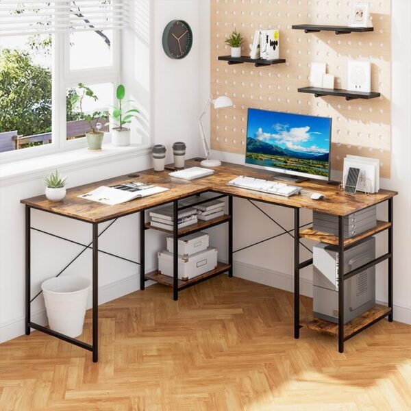 Costway151CM Convertible L-shaped Computer Desk with 4 Storage Shelves for Home Office-Brown