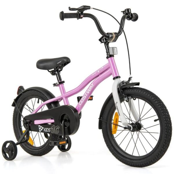 Costway16 Inch Kids Bike Adjustable with Removable Training Wheels for Aged 4-7-Purple