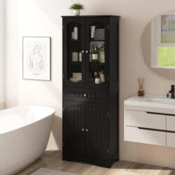 Costway160 CM Tall Bathroom Storage Cabinet with 2 Glass Doors and Adjustable Shelves-Black