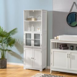 Costway163cm Freestanding Bathroom Cabinet with 2 Compartments and Adjustable Shelves-White