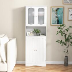 Costway164cm Tall Bathroom Storage Cabinet with Frost Glass Doors and Shelves-White
