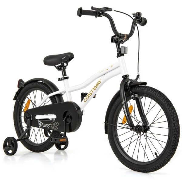 Costway18 Inch Kids Bike Adjustable with Removable Training Wheels for Aged 4-8-White