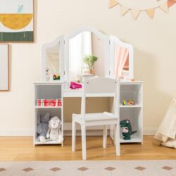 Costway2 In 1 Kids Vanity Table and Chair Set with Removable Tri-fold Mirror for Girls Aged 3+