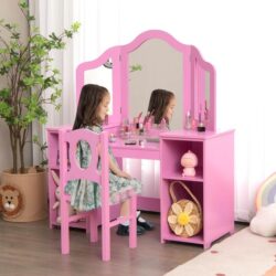 Costway2-in-1 Kids Vanity Table and Chair Set with Removable Mirror-Pink